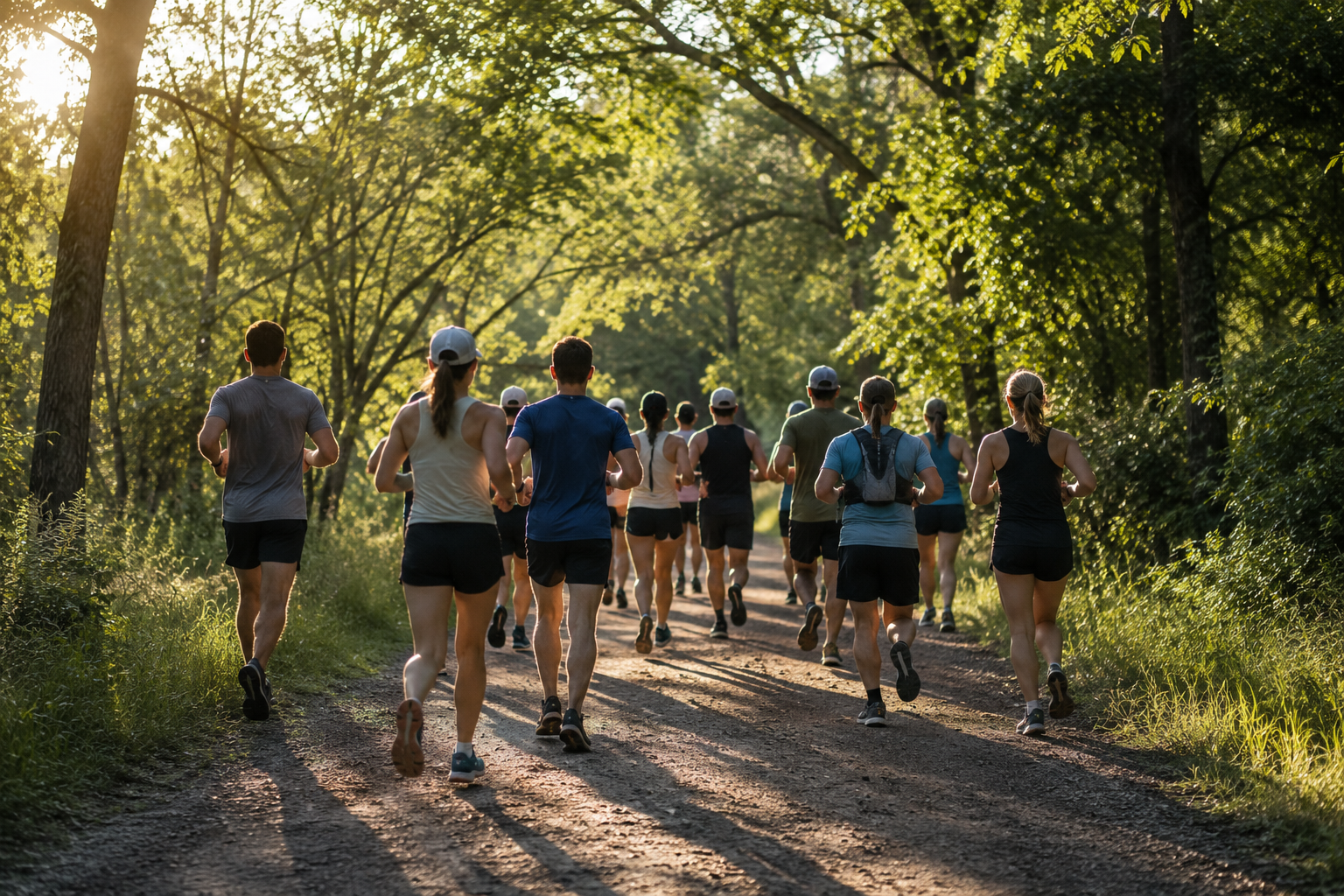 Group of runners sharing a wooded trail